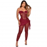 Red Off-Shoulder Mesh Sexy Bodycon Women Jumpsuit Dress