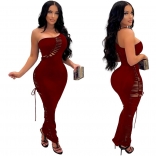 Red Sleeveless One Shoulder Halter Hollow-out Bandage Women Jumpsuit