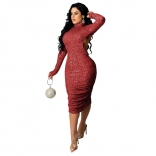 Red Long Sleeve Backless Bodycon Sequin Women Midi Dress