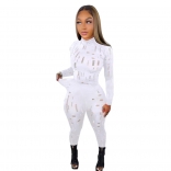 White Long Sleeve Hollow-out Sexy Women Party Jumpsuit
