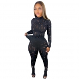 Black Long Sleeve Hollow-out Sexy Women Party Jumpsuit