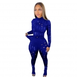 Blue Long Sleeve Hollow-out Sexy Women Party Jumpsuit