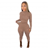 Brown Long Sleeve Hollow-out Sexy Women Party Jumpsuit