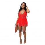 Red Sleeveless Halter Hollow-out Nets Sexy Skirt Sets