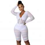 White Long Sleeve Mesh Bodycon Women Sexy Rompers