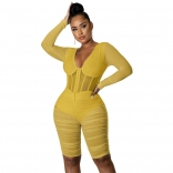 Yellow Long Sleeve Mesh Bodycon Women Sexy Rompers