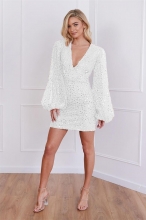 White Long Sleeve V-Neck Sequins Mini Sexy Dress