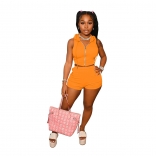 Orange Sleeveless Zipper V-Neck Club Women Short Set