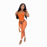 Orange Halter Low-Cut Mesh Sexy Women Sports Dress