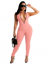 Pink Sleeveless V-Neck Zipper Bodycon Sexy Women Jumpsuit