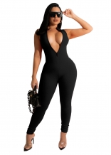 Black Sleeveless V-Neck Zipper Bodycon Sexy Women Jumpsuit