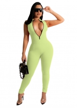 Green Sleeveless V-Neck Zipper Bodycon Sexy Women Jumpsuit
