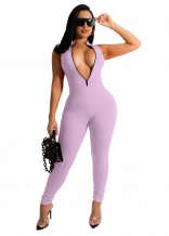 Purple Sleeveless V-Neck Zipper Bodycon Sexy Women Jumpsuit