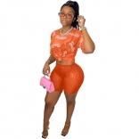 Orange Short Sleeve Printed Mesh Bodycon Sexy Short Sets