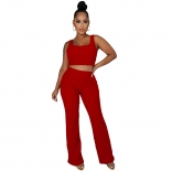 Red Sleeveless Halter Low-Cut Cotton 2PCS Women Fashion Jumpsuit