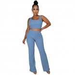 Blue Sleeveless Halter Low-Cut Cotton 2PCS Women Fashion Jumpsuit