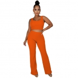 Orange Sleeveless Halter Low-Cut Cotton 2PCS Women Fashion Jumpsuit