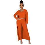 Orange Long Sleeve O-Neck Cotton 3PCS Women Catsuit Dress