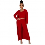 Red Long Sleeve O-Neck Cotton 3PCS Women Catsuit Dress