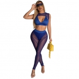 Blue Sleeveless Mesh Bodycon See-through Sexy Jumpsuit