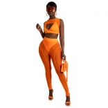 Orange Sleeveless Mesh Bodycon See-through Sexy Jumpsuit