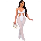 White Halter Low-Cut Mesh Sexy Hollow-out Women Jumpsuit