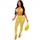 Yellow Halter Low-Cut V-Neck Mesh Lace-up Bandage Sexy Jumpsuit