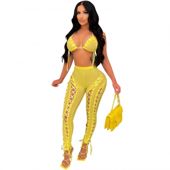 Yellow Halter Low-Cut V-Neck Mesh Lace-up Bandage Sexy Jumpsuit