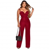 Red Sleeveless Halter Low-Cut V-Neck Bodycon Sexy Jumpsuit