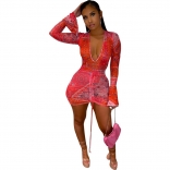 Red Mesh Long Sleeve Deep V-Neck Printed Party Dress