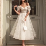 White Short Sleeve Lace Mesh V-Neck Fashion Women Maxi Dress