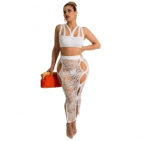 White Sleveless Bandage Tops Lace Hollow-out Women Bandage Midi Dress