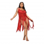 Red Halter Low-Cut Silk Nets Tassels Party Dress
