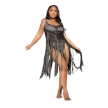 Black Halter Low-Cut Silk Nets Tassels Party Dress