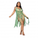 Green Halter Low-Cut Silk Nets Tassels Party Dress