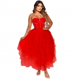 Red Off-Shoulder V-Neck Rhinestone Mesh Fashion Evening Skirt Dress