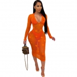 Orange Mesh Long Sleeve Sexy Underwear Women Midi Dress