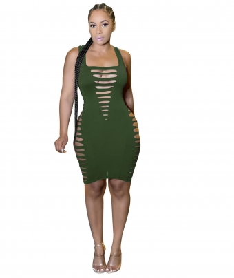 Green Sleeveless Halter Deep V-Neck Bandage Sexy Club Dress