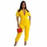 Yellow Short Sleeve V-Neck Botton Working Women Fashion Jumpsuit