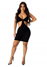 Black Sleeveless Low-Cut V-Neck Hollow-out Sexy Party Dress