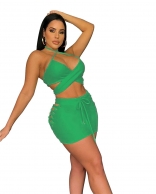 Green Sleeveless Halter Low-Cut Lace-up Bandage Mini Dress