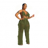 Green Sleeveless Halter V-Neck ollow-out Knitting Tassels Bandage Dress