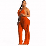 Orange Sleeveless Halter V-Neck ollow-out Knitting Tassels Bandage Dress