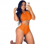Orange Sleeveless Zipper O-Neck Cotton Women Pant Set