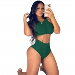 Green Sleeveless Zipper O-Neck Cotton Women Pant Set