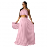 Pink Off-Shoulder Sleeveless 2PCS Pleated Women Fashion Jersey Dress