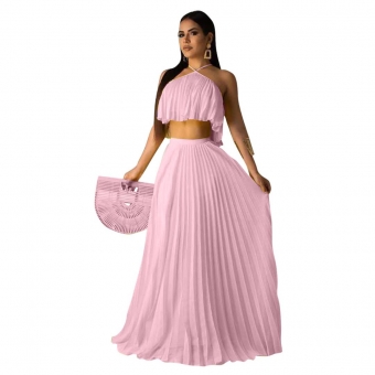 Pink Off-Shoulder Sleeveless 2PCS Pleated Women Fashion Jersey Dress