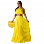 Yellow Off-Shoulder Sleeveless 2PCS Pleated Women Fashion Jersey Dress
