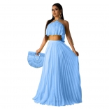 Blue Off-Shoulder Sleeveless 2PCS Pleated Women Fashion Jersey Dress