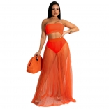 Orange Off-Shoulder Boat-Neck Mesh Women Fashion Maxi Dress